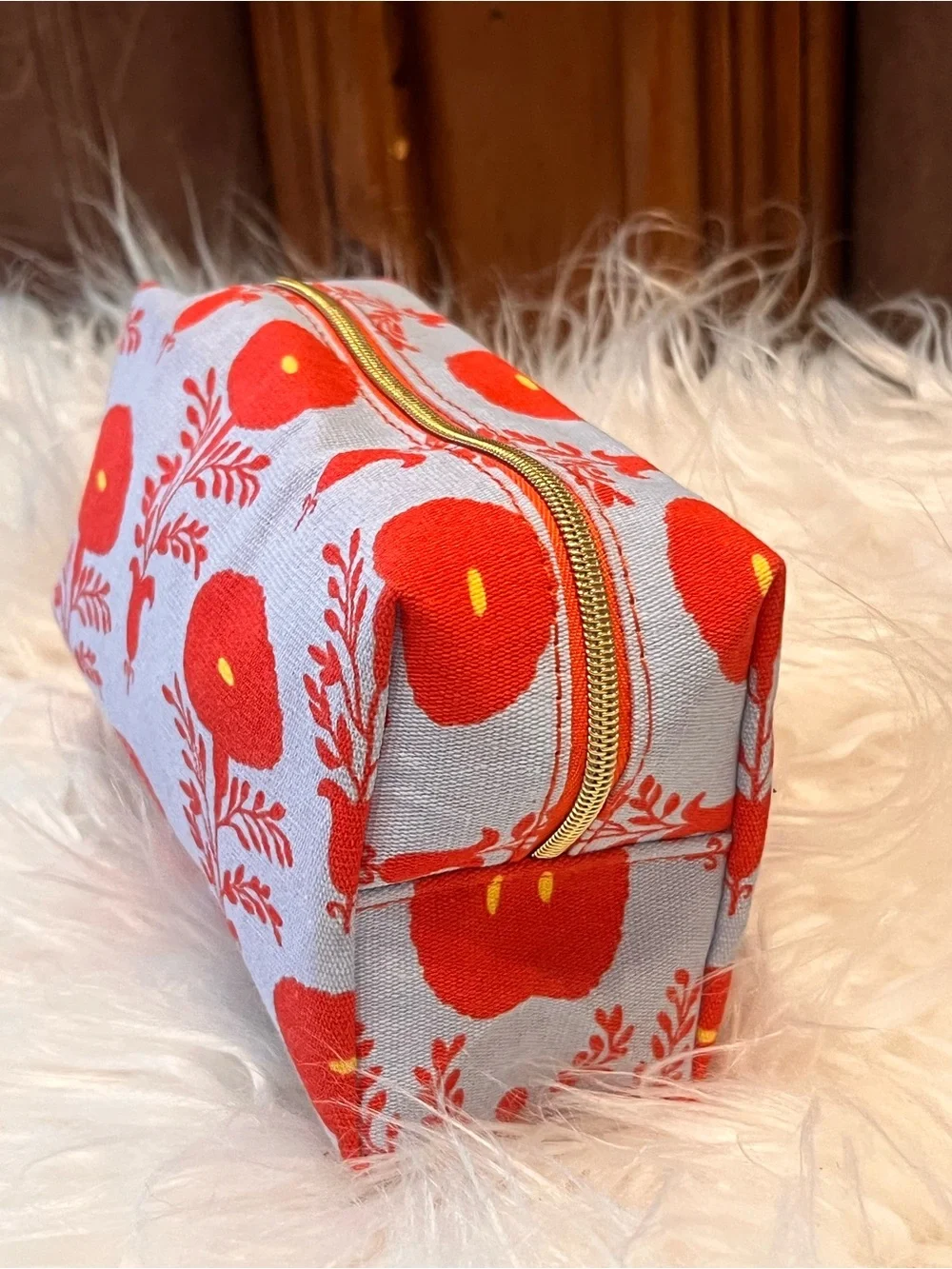 Floral Red & Light Gray Canvas Cosmetic Pouch